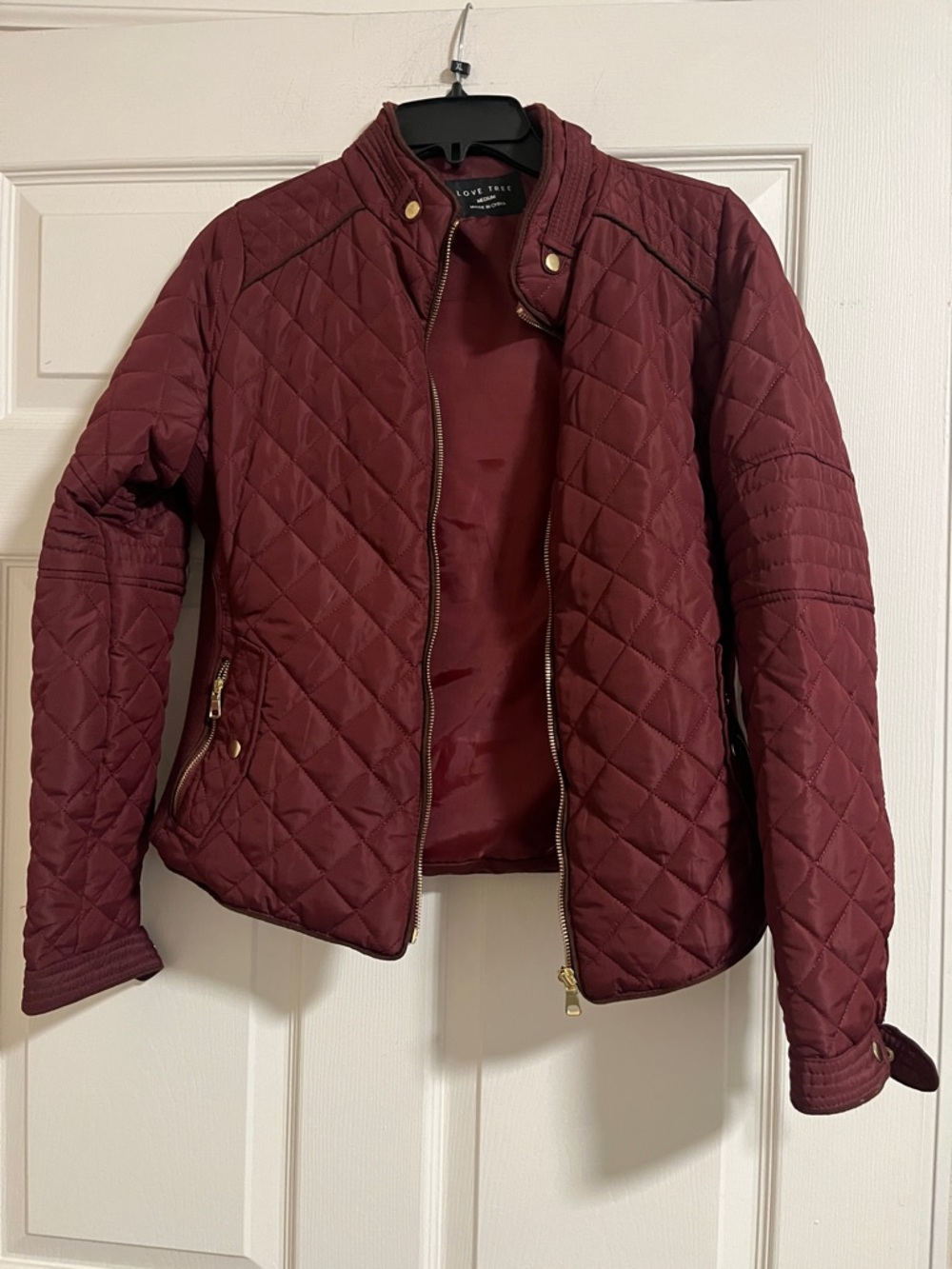 Love Tree Quilted Wine-Red Puffer Jacket with Gold Hardware